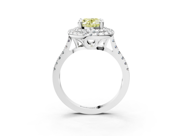 White gold Double Halo Fancy Yellow Oval Cut Diamond Pavé Band with Four-Prong Setting