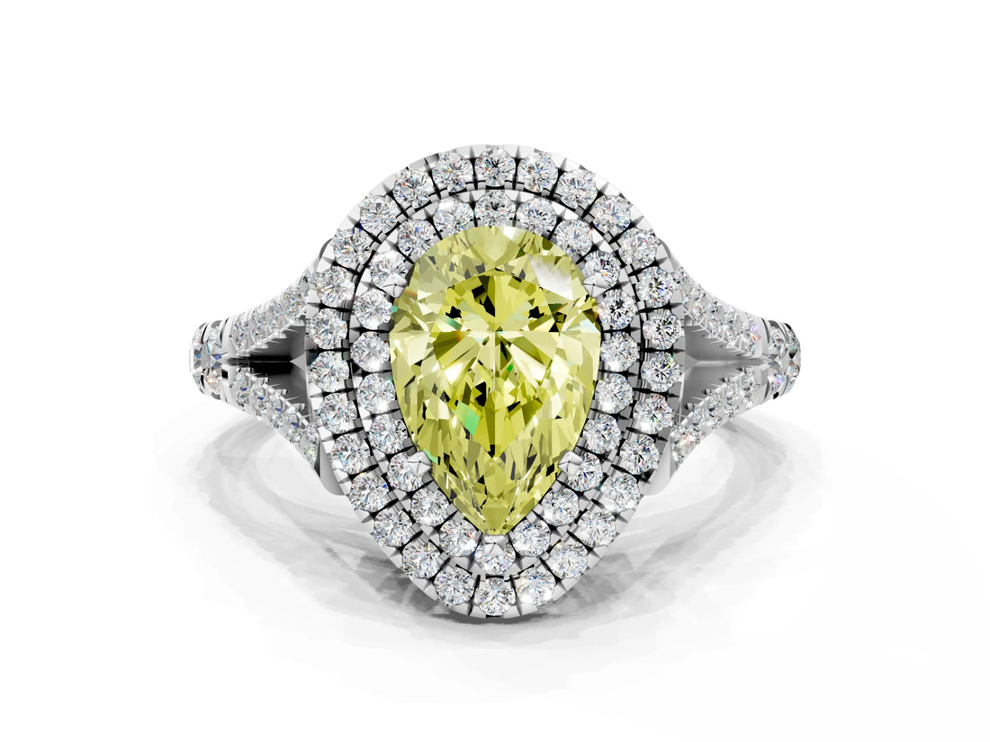 White gold Double Halo Fancy Yellow Pear Cut Diamond Split Shank Engagement Ring with Four-Prong Setting_27