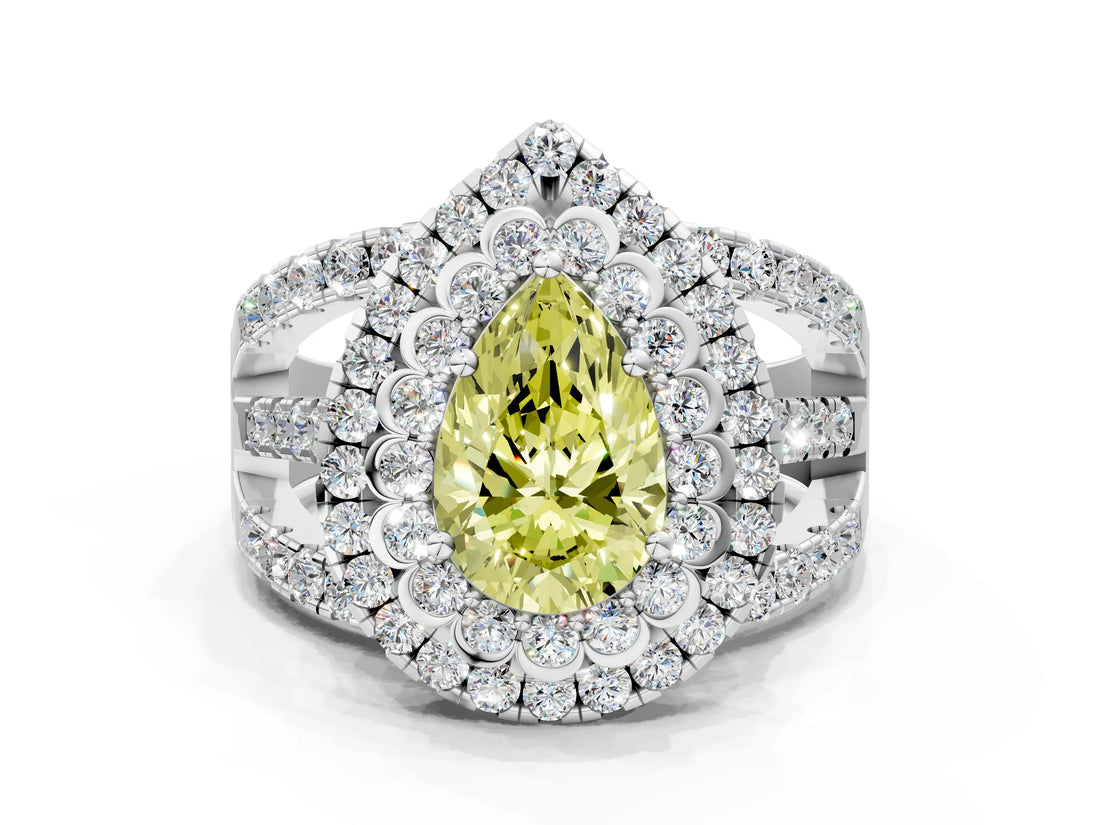 White gold Double Halo Fancy Yellow Pear Cut Diamond Split Shank Pave Set Ring_3