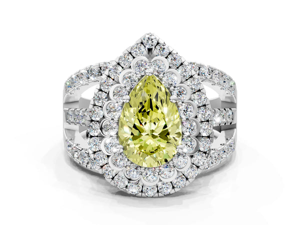 White Gold Pear-Shaped Scalloped Double Halo Engagement Ring Setting for Fancy Yellow Center