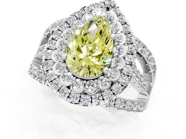 Platinum Pear-Shaped Scalloped Double Halo Engagement Ring Setting for Fancy Yellow Center