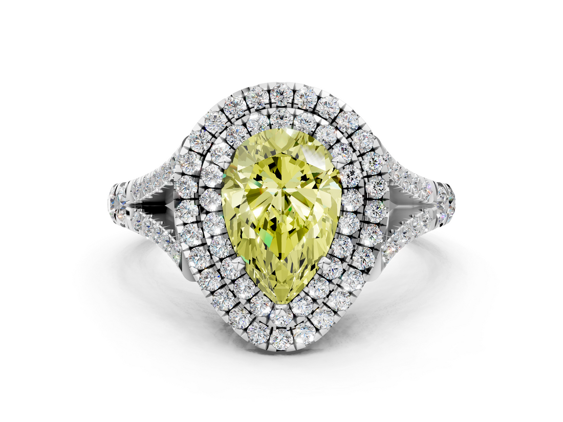 White gold Double Halo Fancy Yellow Pear  Cut Diamond Split Shank Ring with Four Prong Setting_17