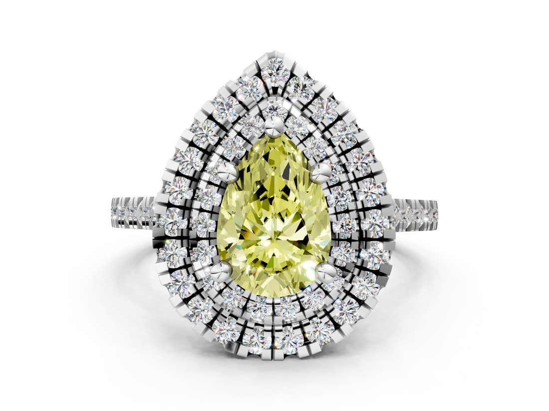 White gold Double Halo Fancy Yellow Pear  Diamond Pave Band with Four-Prong Setting_80