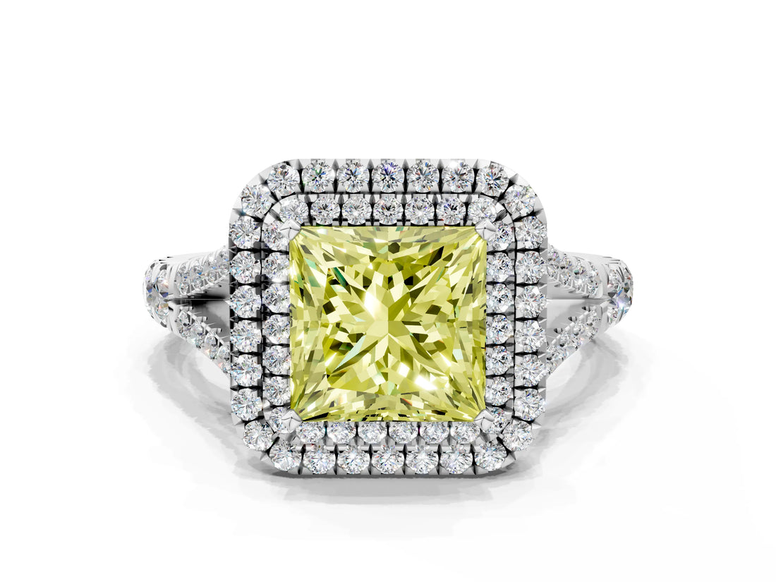 White gold Double Halo Fancy Yellow Princess Cut Diamond Split Shank Engagement Ring with Four-Prong Setting_27