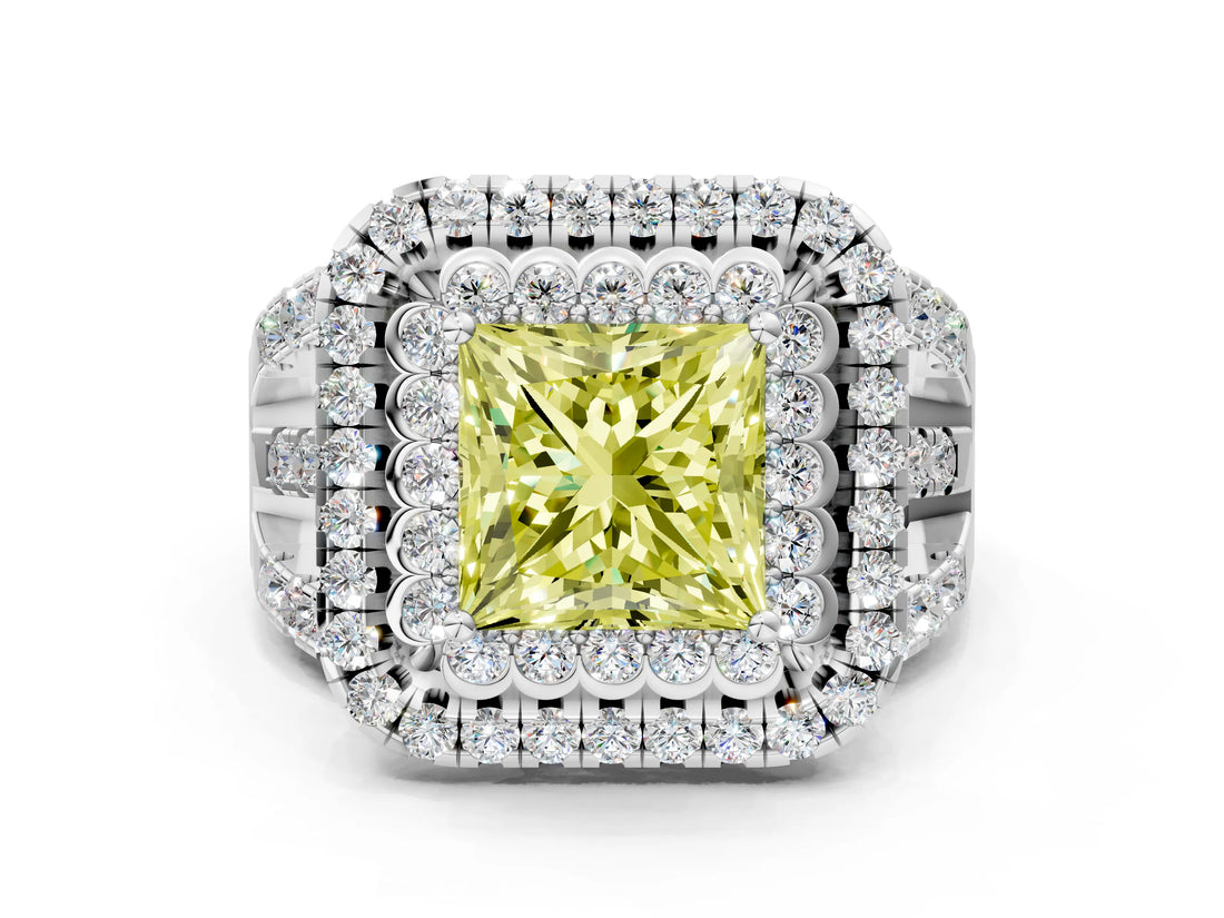 White gold Double Halo Fancy Yellow Princess Cut Diamond Split Shank Pave Set Ring_3