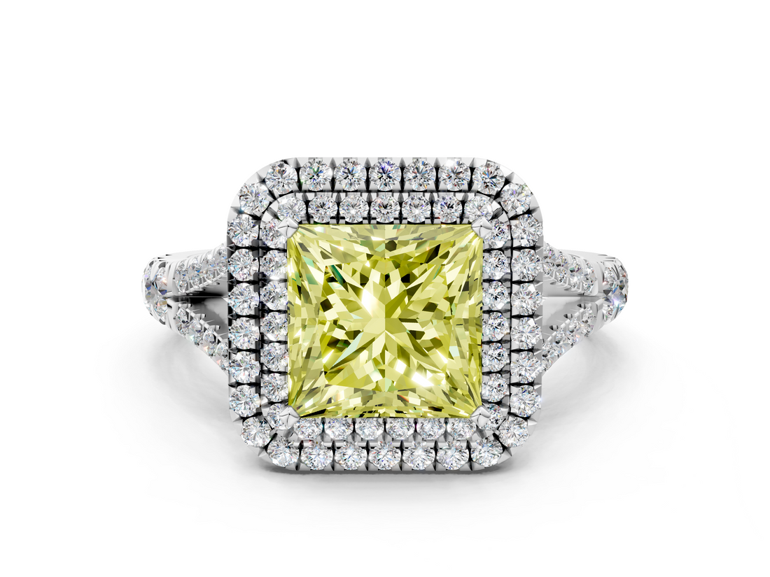 White gold Double Halo Fancy Yellow Princess  Cut Diamond Split Shank Ring with Four Prong Setting