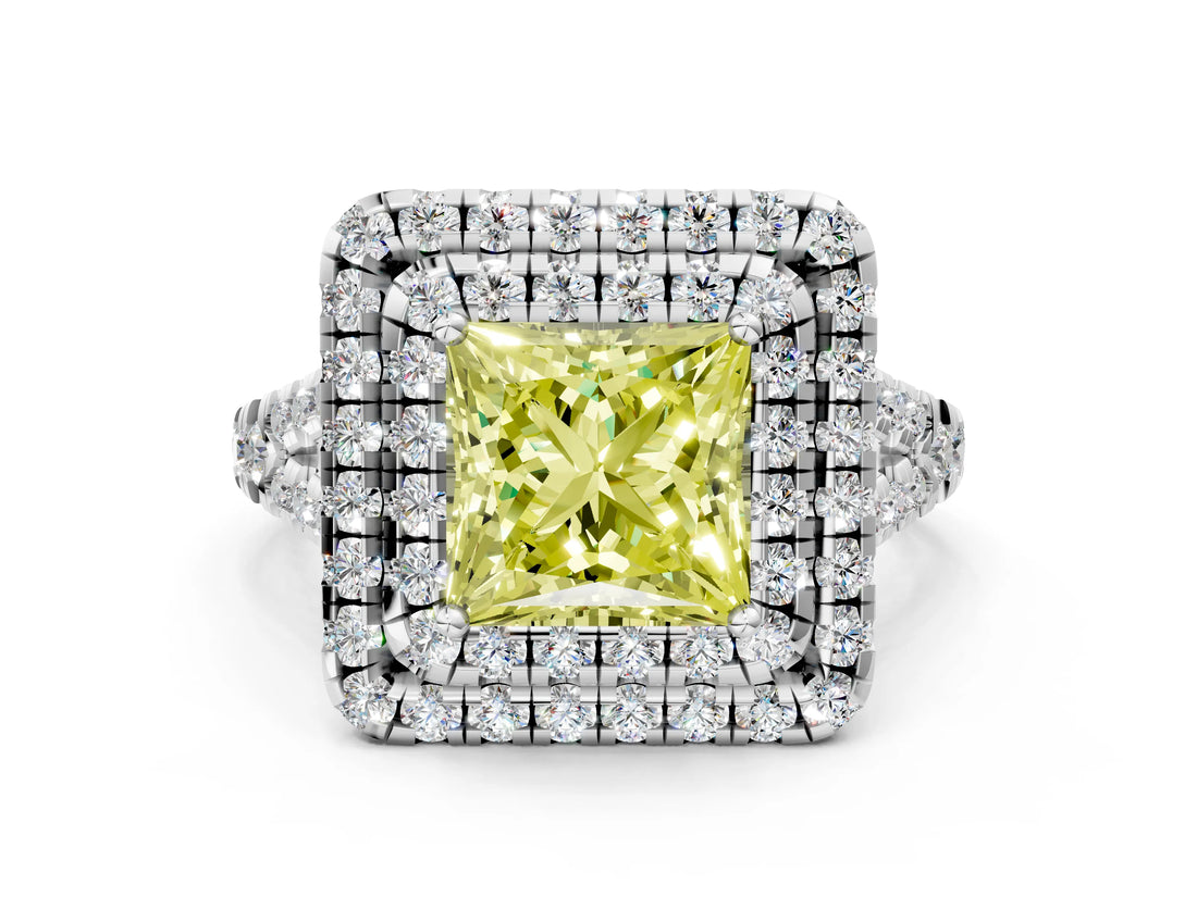 White gold Double Halo Fancy Yellow Princess  Cut Pave Split Shank Prong Set Ring_15