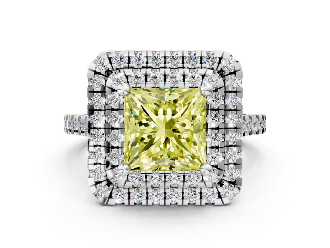 White gold Double Halo Fancy Yellow Princess  Diamond Pave Band with Four-Prong Setting_16