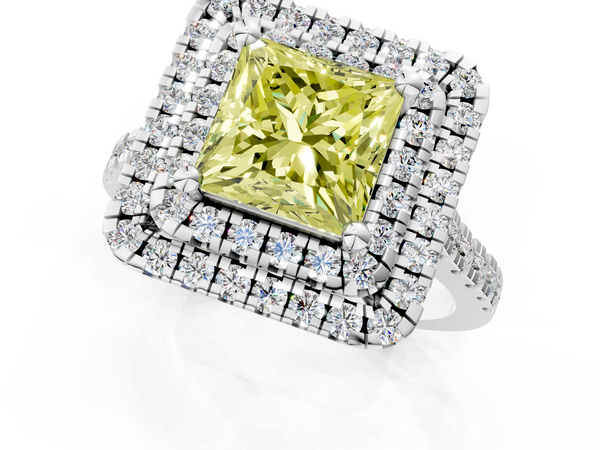 White gold Double Halo Fancy Yellow Princess Cut Diamond Pavé Band with Four-Prong Setting