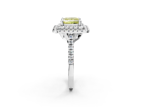 White gold Double Halo Fancy Yellow Princess Cut Diamond Pavé Band with Four-Prong Setting