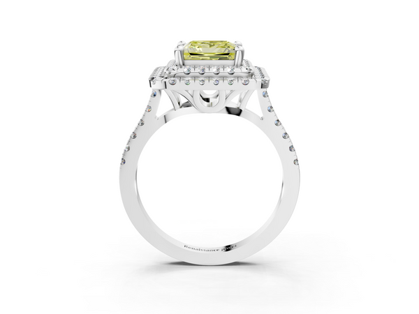 White gold Double Halo Fancy Yellow Princess Cut Diamond Pavé Band with Four-Prong Setting