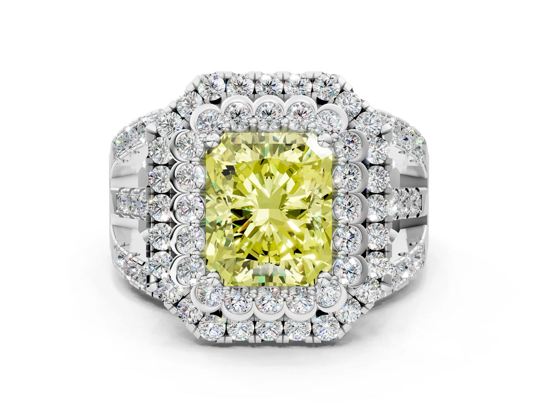 White gold Double Halo Fancy Yellow Radiant Cut Diamond Split Shank Pave Set Ring_3