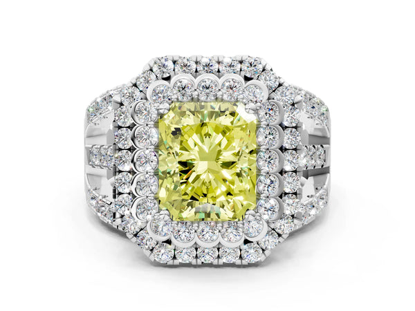 White gold Double Halo Fancy Yellow Radiant Cut Diamond Split Shank Pave Set Ring