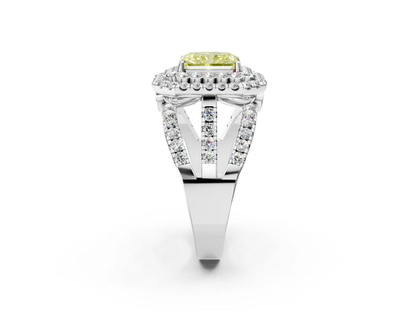White gold Double Halo Fancy Yellow Radiant Cut Diamond Split Shank Pave Set Ring
