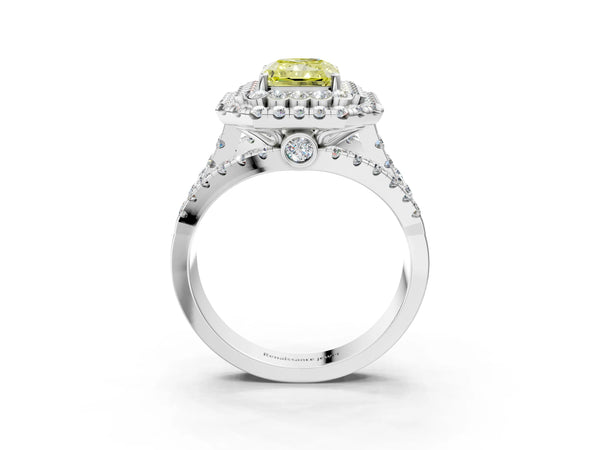 White gold Double Halo Fancy Yellow Radiant Cut Diamond Split Shank Pave Set Ring