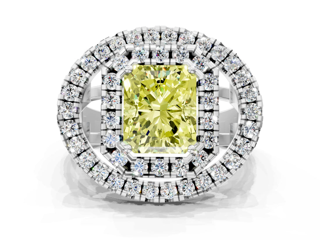 White gold Double Halo Fancy Yellow Radiant Cut Diamond Split Shank Prong Setting Ring