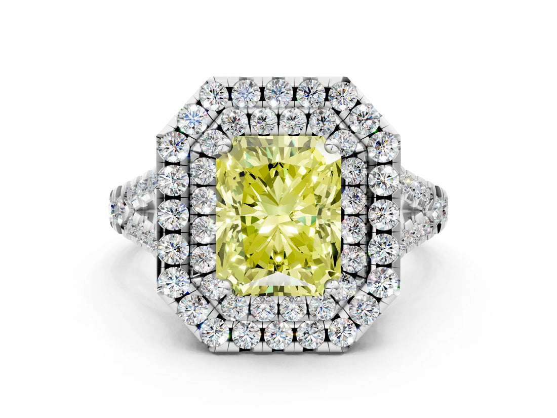White gold Double Halo Fancy Yellow Radiant  Cut Pave Split Shank Prong Set Ring_15