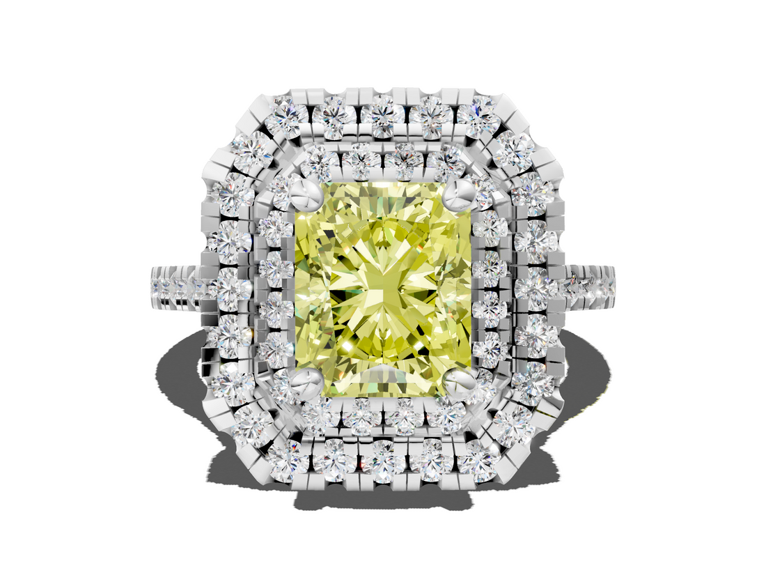 White gold Double Halo Fancy Yellow Radiant  Diamond Pave Band with Four-Prong Setting_43