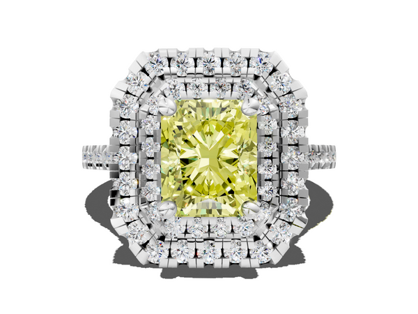 White gold Double Halo Fancy Yellow Radiant Cut Diamond Pavé Band with Four-Prong Setting