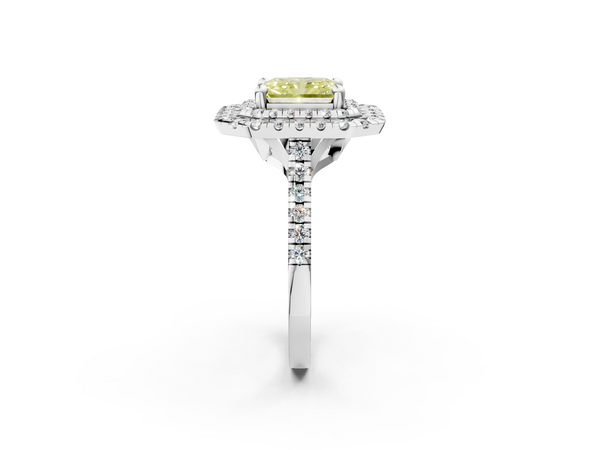 White gold Double Halo Fancy Yellow Radiant Cut Diamond Pavé Band with Four-Prong Setting
