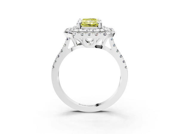 White gold Double Halo Fancy Yellow Radiant Cut Diamond Pavé Band with Four-Prong Setting