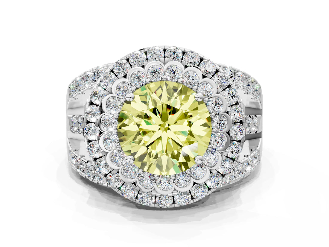 White gold Double Halo Fancy Yellow Round Cut Diamond Split Shank Pave Set Ring_3