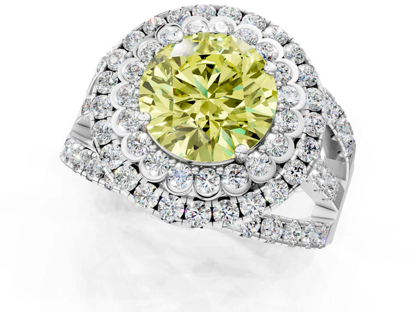 Platinum Double Halo Fancy Yellow Round Cut Diamond Split Shank Pave Set Ring