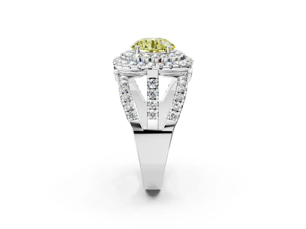 Platinum Double Halo Fancy Yellow Round Cut Diamond Split Shank Pave Set Ring