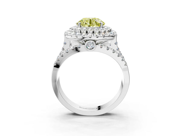 Platinum Double Halo Fancy Yellow Round Cut Diamond Split Shank Pave Set Ring