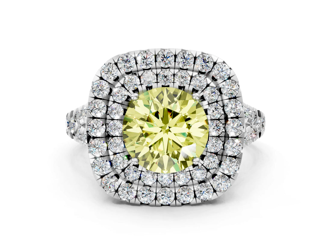 White gold Double Halo Fancy Yellow Round  Cut Pave Split Shank Prong Set Ring_15
