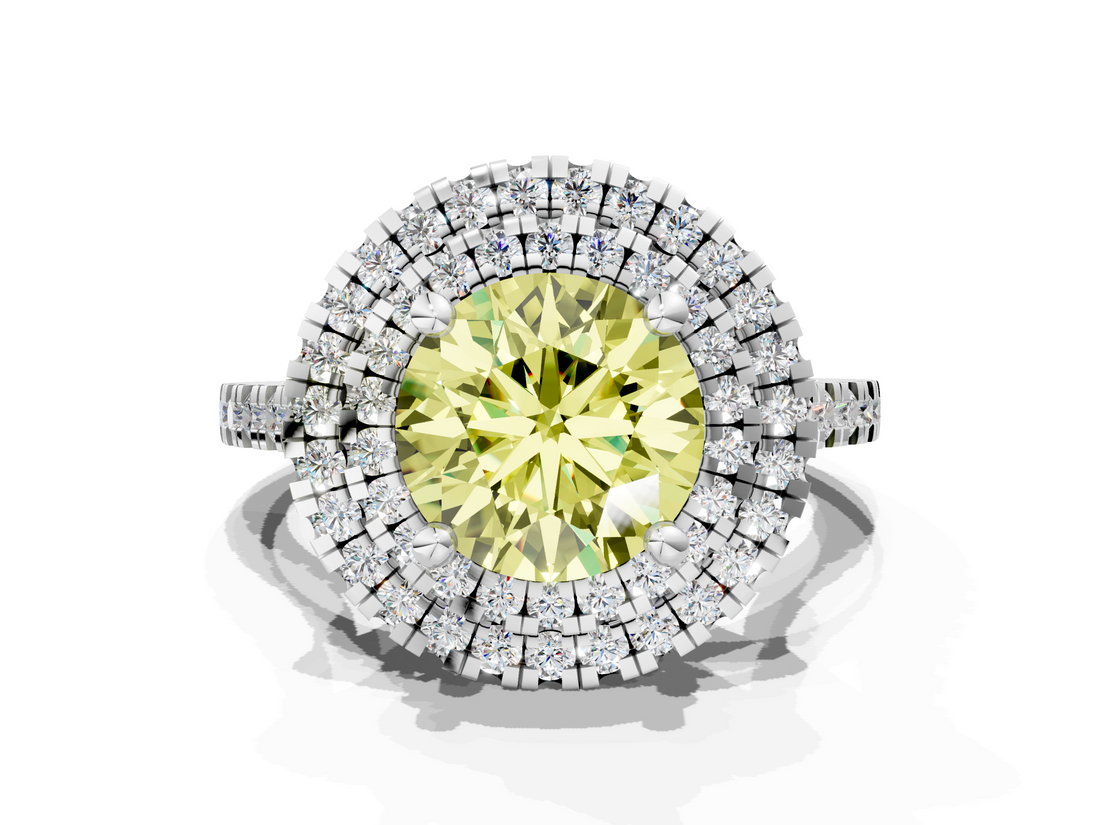 White gold Double Halo Fancy Yellow Round  Diamond Pave Band with Four-Prong Setting_17