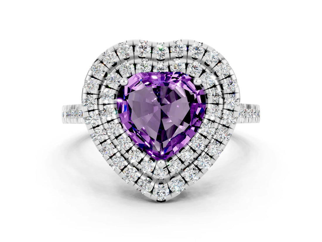 White gold Double Halo Heart Cut Amethyst Pavé Band with Four-Prong Setting