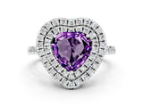 White gold Double Halo Heart Cut Amethyst Pavé Band with Four-Prong Setting