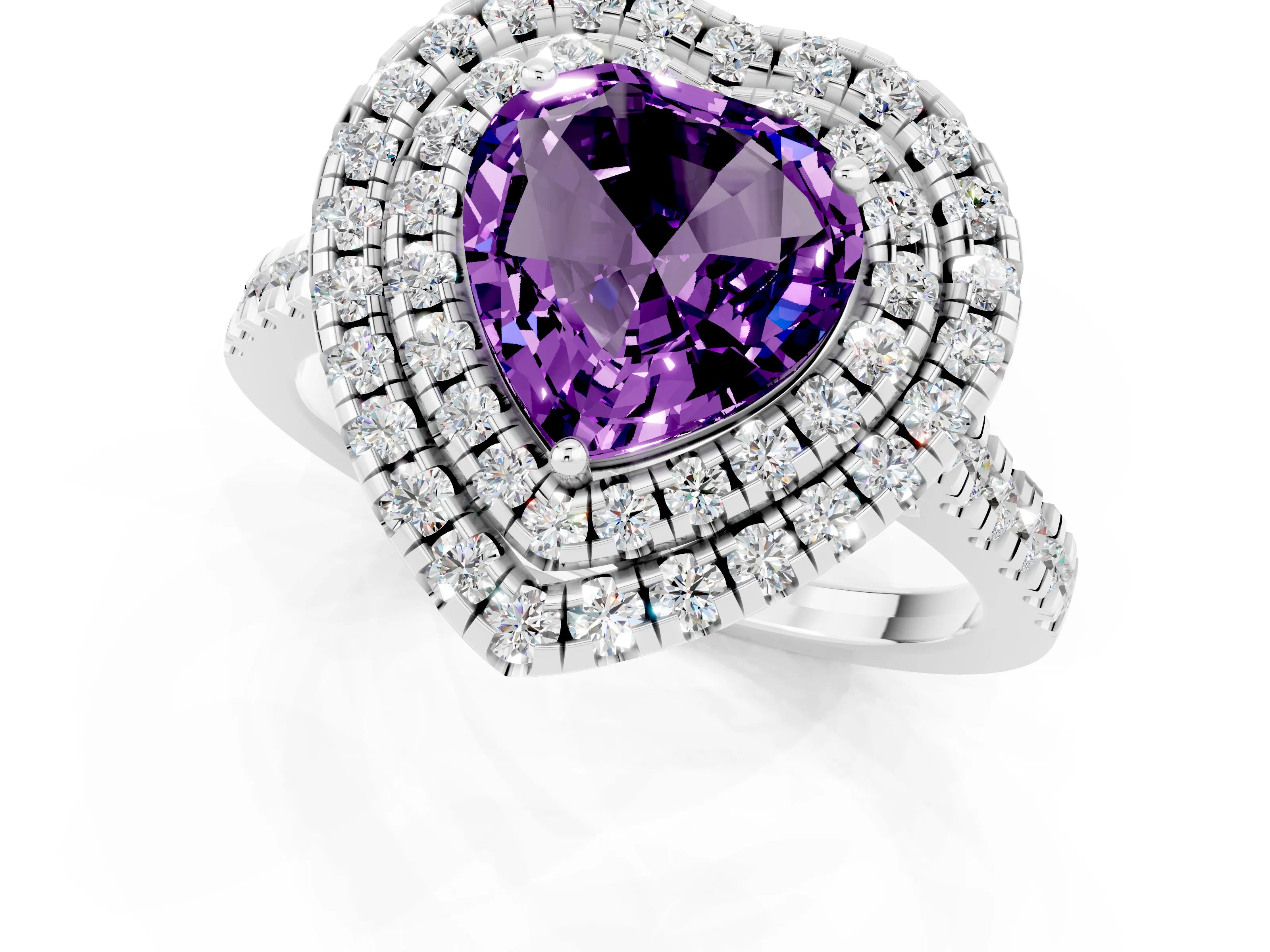 White gold Double Halo Heart Cut Amethyst Pavé Band with Four-Prong Setting_1