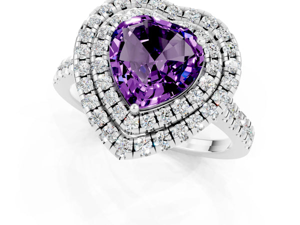 White gold Double Halo Heart Cut Amethyst Pavé Band with Four-Prong Setting