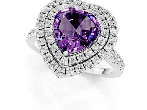 White gold Double Halo Heart Cut Amethyst Pavé Band with Four-Prong Setting_1
