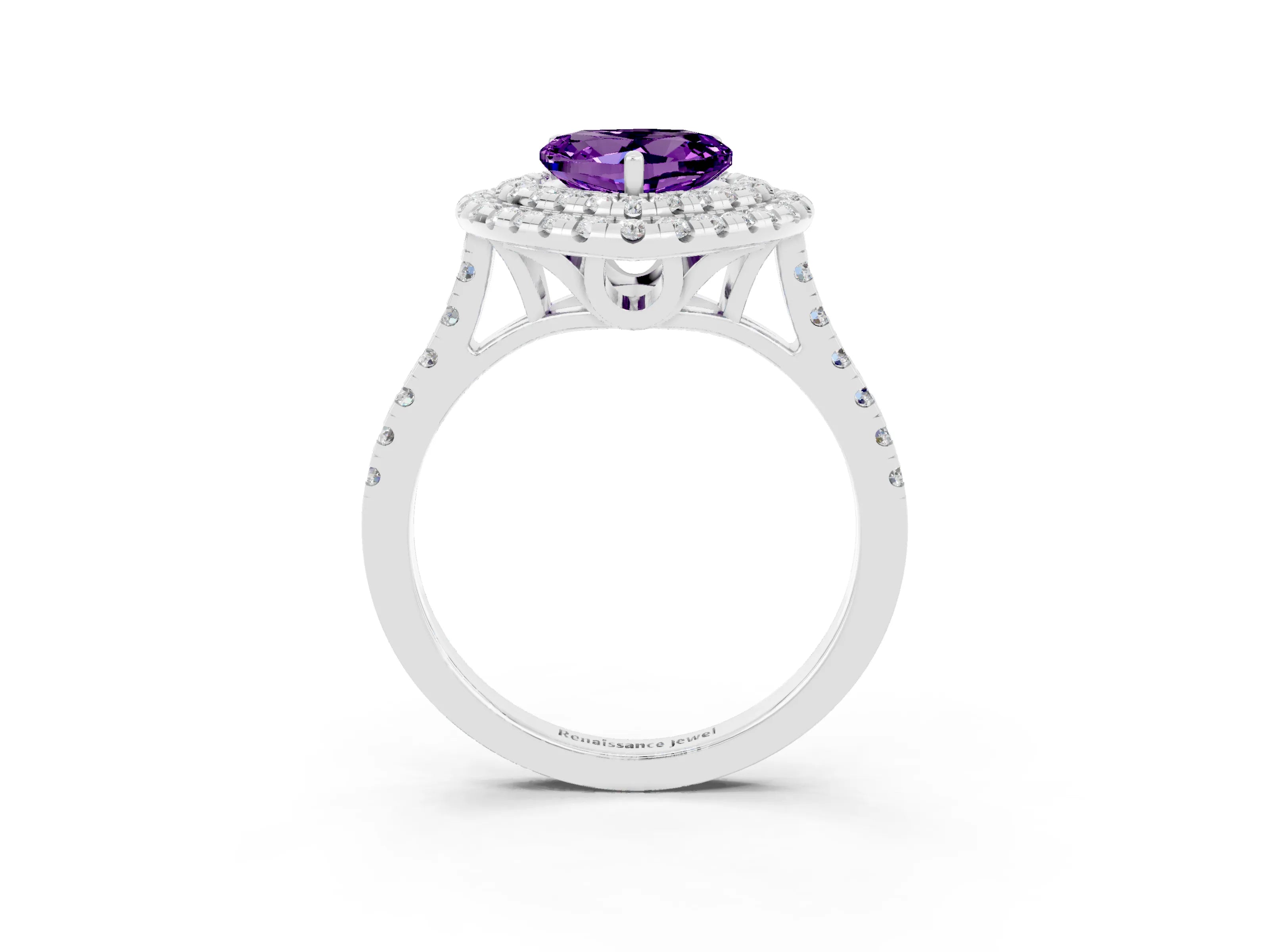 White gold Double Halo Heart Cut Amethyst Pavé Band with Four-Prong Setting_3