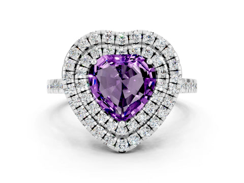 White gold Double Halo Heart Cut Amethyst Pavé Band with Four-Prong Setting