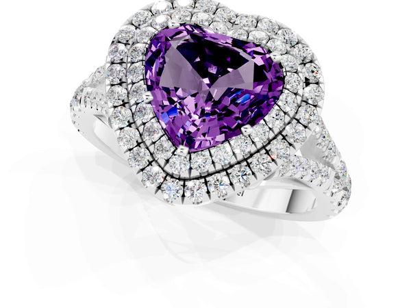 Platinum Double Halo Heart Cut Amethyst Pavé Split Shank Ring with Prong Setting