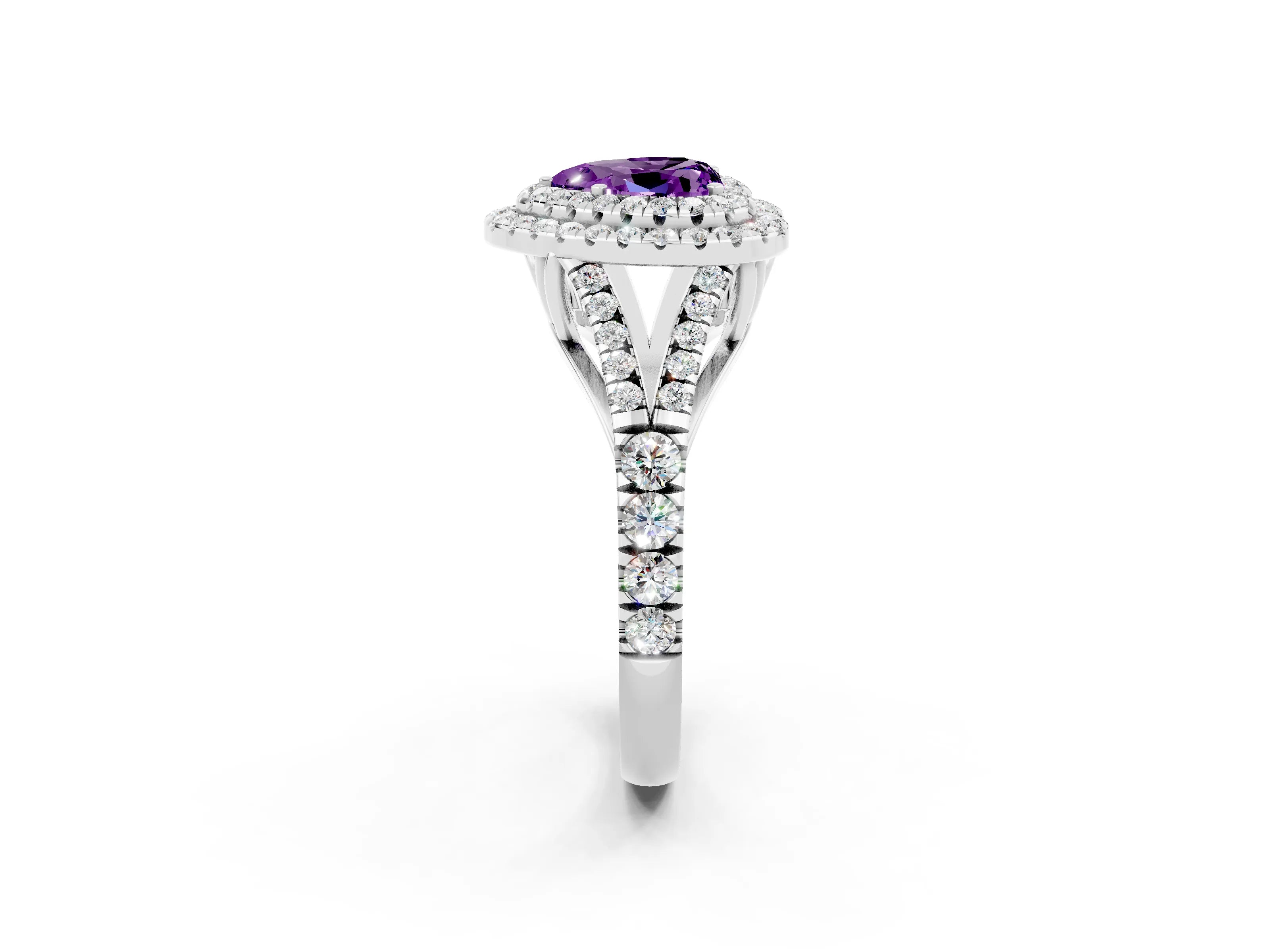 White gold Double Halo Heart Cut Amethyst Pavé Split Shank Ring with Prong Setting_2