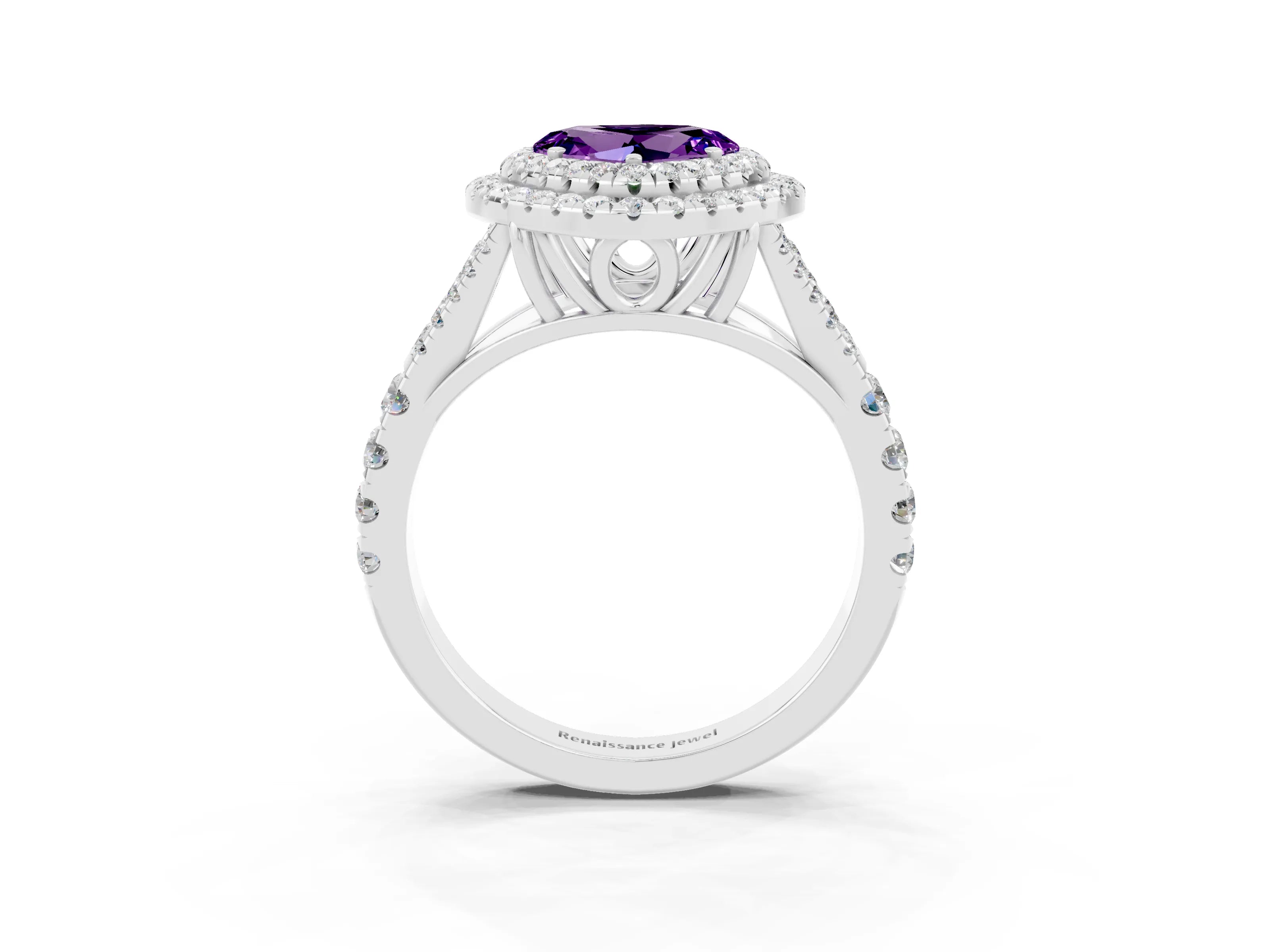 White gold Double Halo Heart Cut Amethyst Pavé Split Shank Ring with Prong Setting_3