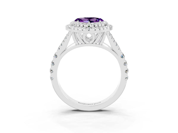 Platinum Double Halo Heart Cut Amethyst Pavé Split Shank Ring with Prong Setting