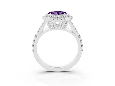 White gold Double Halo Heart Cut Amethyst Pavé Split Shank Ring with Prong Setting_3