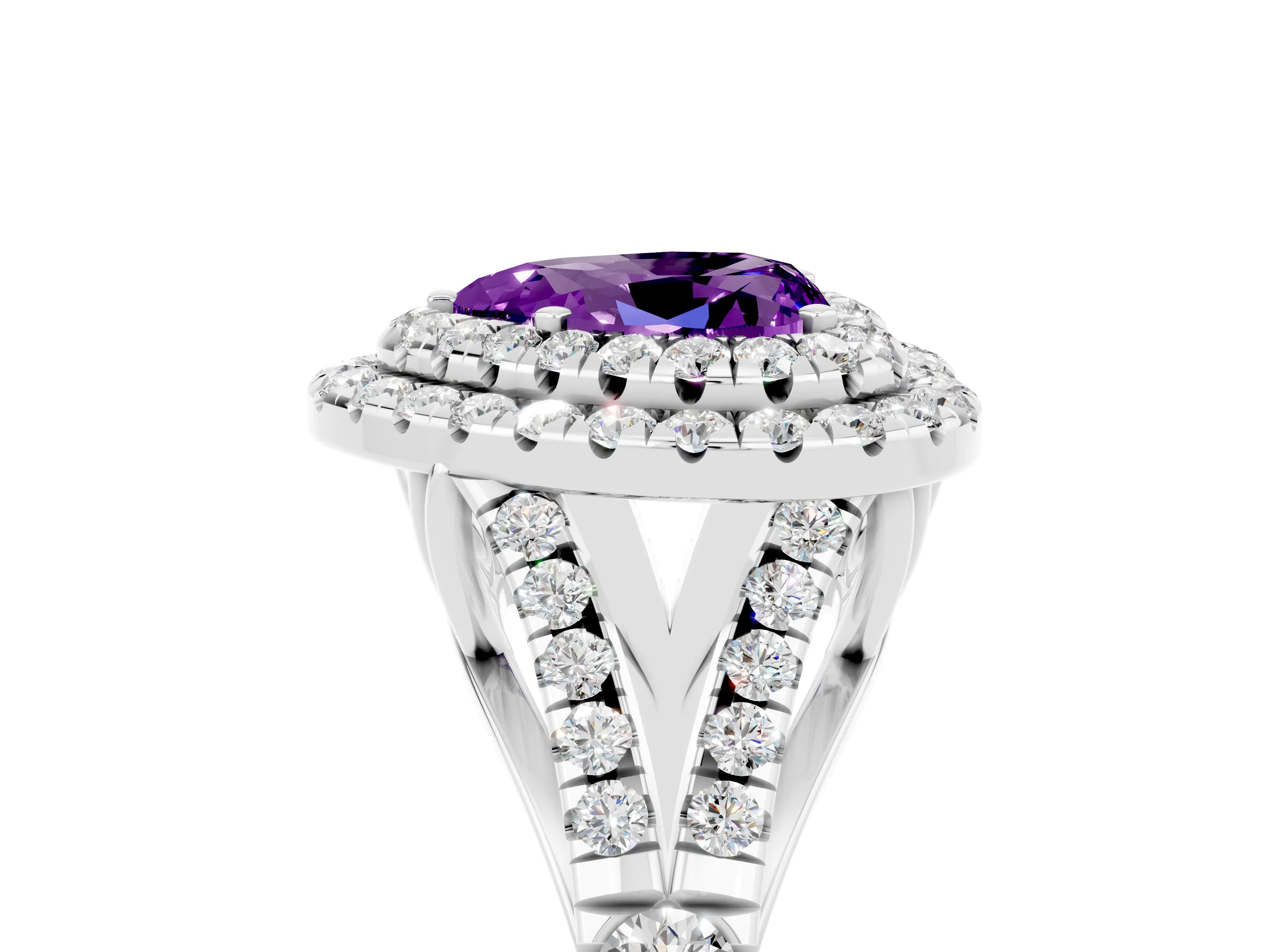 White gold Double Halo Heart Cut Amethyst Pavé Split Shank Ring with Prong Setting_5