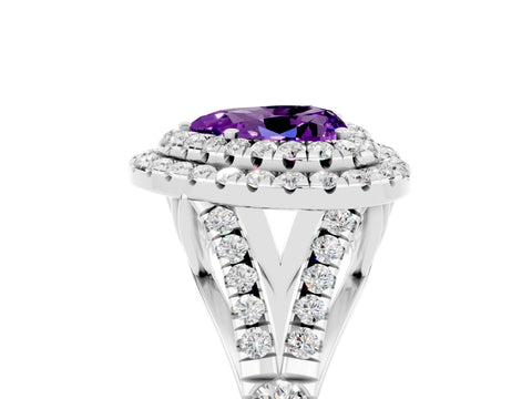 White gold Double Halo Heart Cut Amethyst Pavé Split Shank Ring with Prong Setting_5