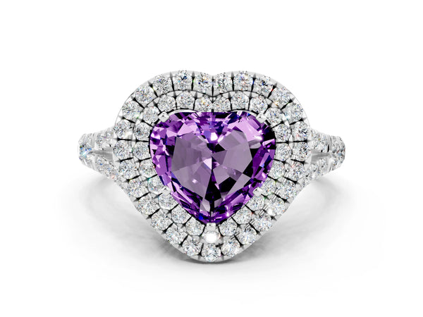 Platinum Double Halo Heart Cut Amethyst Split Shank Engagement Ring with Four-Prong Setting