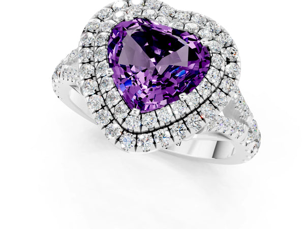 Platinum Double Halo Heart Cut Amethyst Split Shank Engagement Ring with Four-Prong Setting