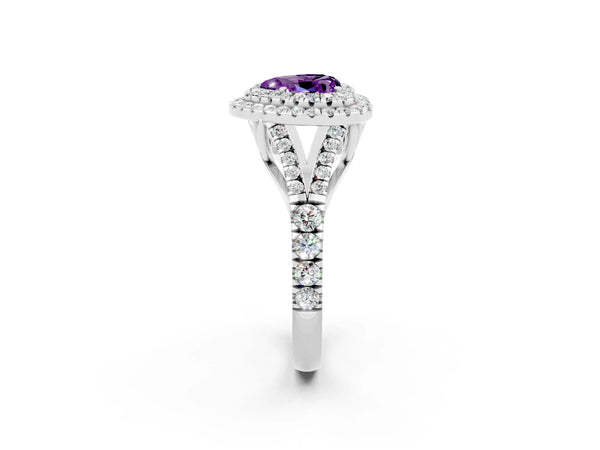 Silver Double Halo Heart Cut Amethyst Split Shank Engagement Ring with Four-Prong Setting