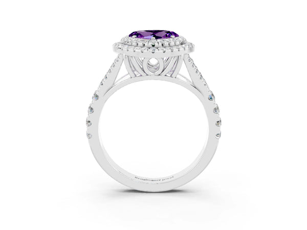Platinum Double Halo Heart Cut Amethyst Split Shank Engagement Ring with Four-Prong Setting