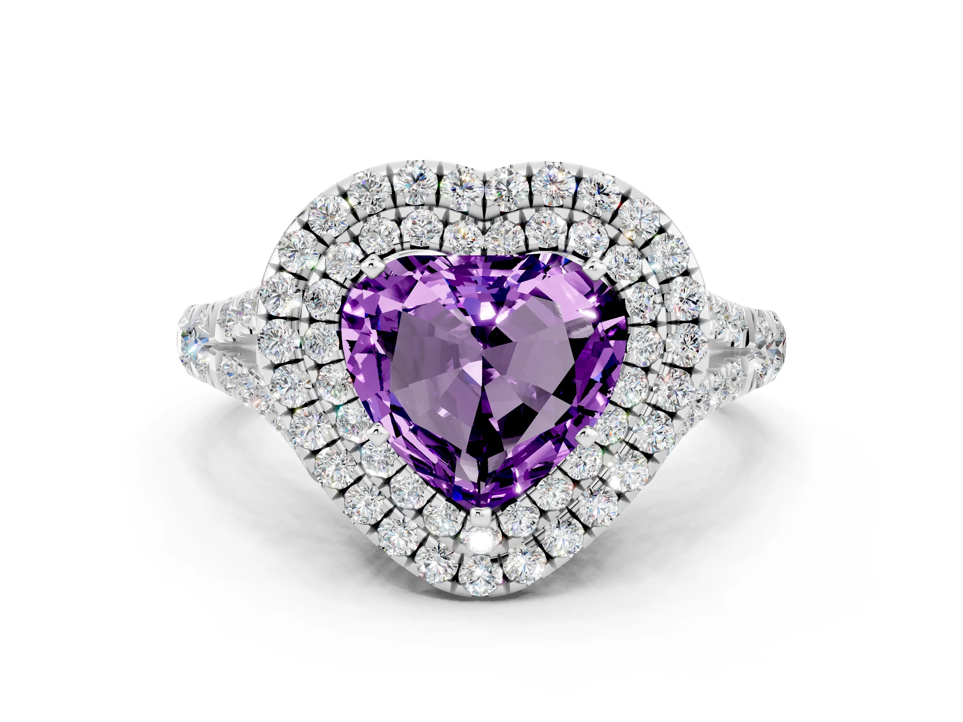 White gold Double Halo Heart Cut Amethyst Split Shank Engagement Ring with Four-Prong Setting